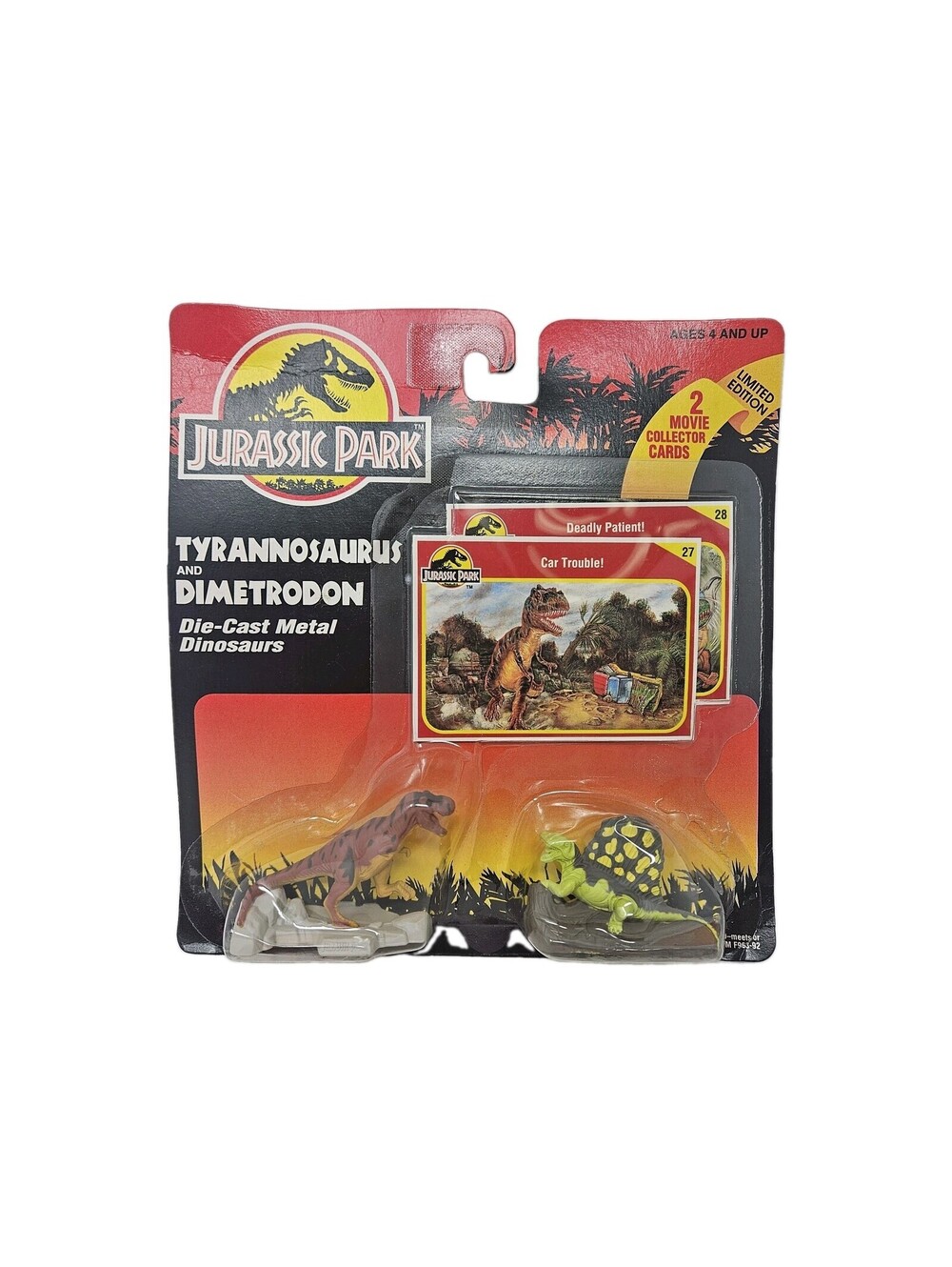 Jurassic Park Tyrannosaurus & Dimetrodon Die-Cast Dinosaur Figures + Cards 1993